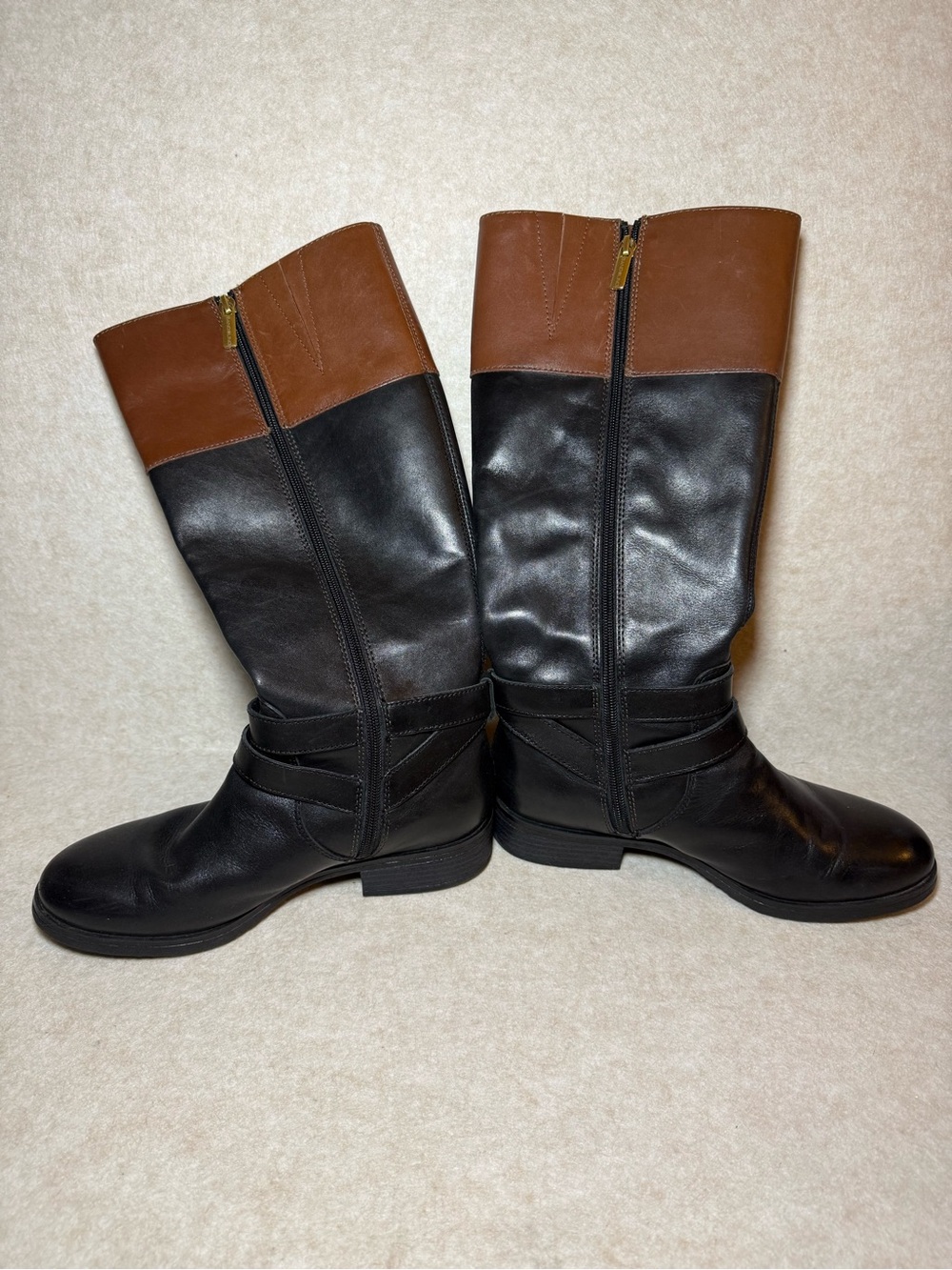 Bandolino BDTESSI Two Tone High Leather Boots Black Cognac Brown Size 8M - Picture 5 of 13